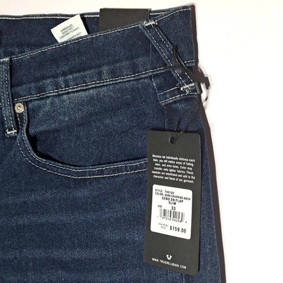 True Religion Geno Relaxed Slim SN Flap Jeans Mens 33x32 Dark Shivering Wash NWT - Picture 7 of 13
